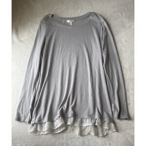 LC Lauren Conrad Gray White Knit Ruffle Pullover Round Neck Long Sleeve Blouse L